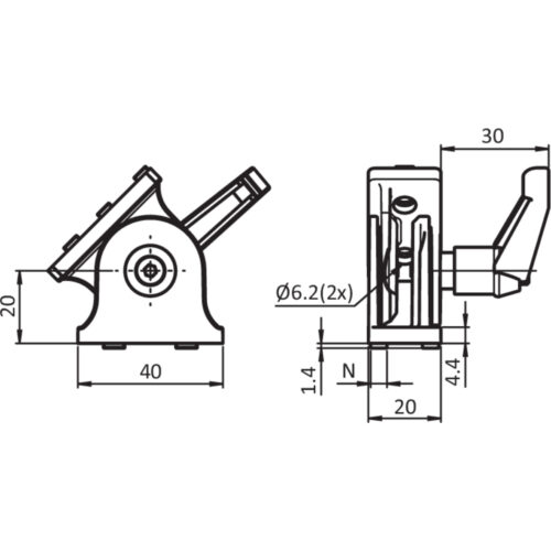 Gelenk 20 x 40 mit Klemmhebel