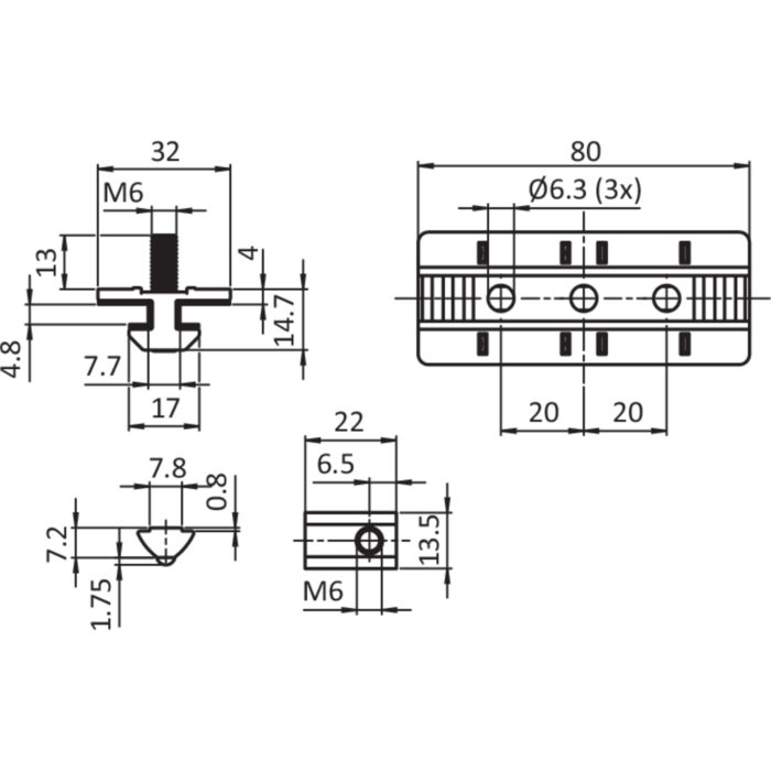 Profilgleiter ZN 40 x 80 Festlager (Set)