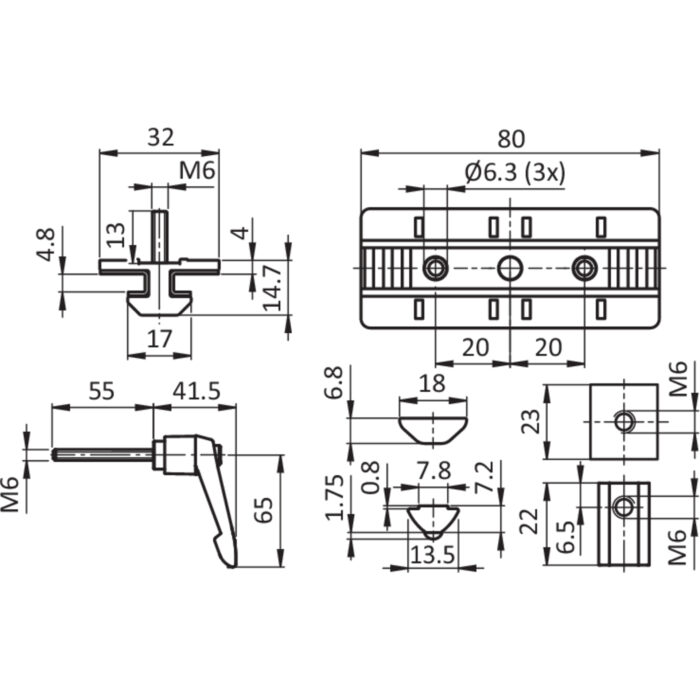 Profilgleiter ZN 40 x 80 Festlager mit Klemmhebel (Set)
