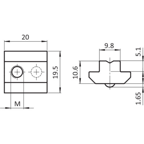 Nutenstein 19,5 x 10,6 mm, Steghöhe 4,3 mm, mit Federkugel