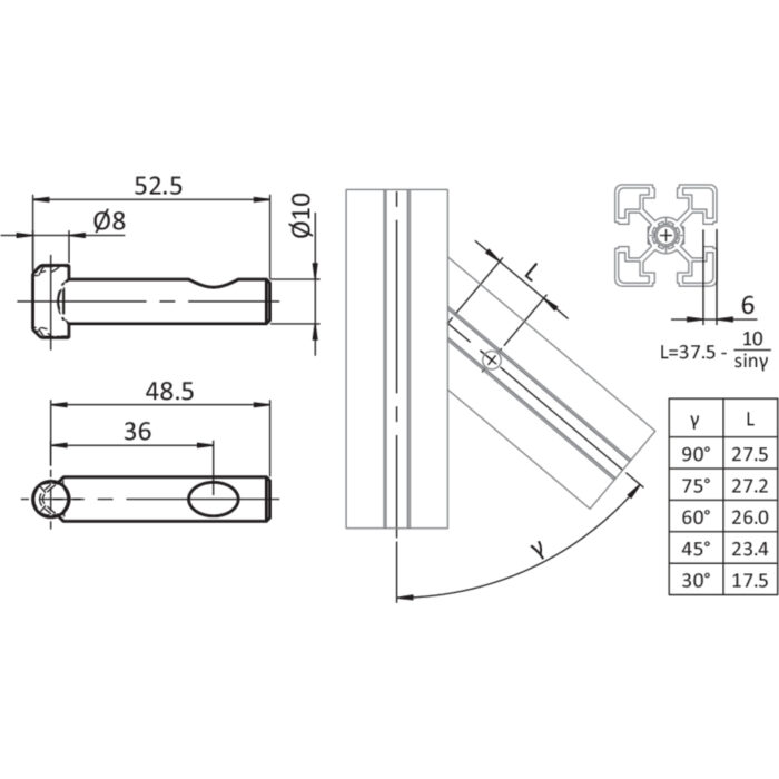 Gehrungsverbinder B 30°-90°, Nut 10