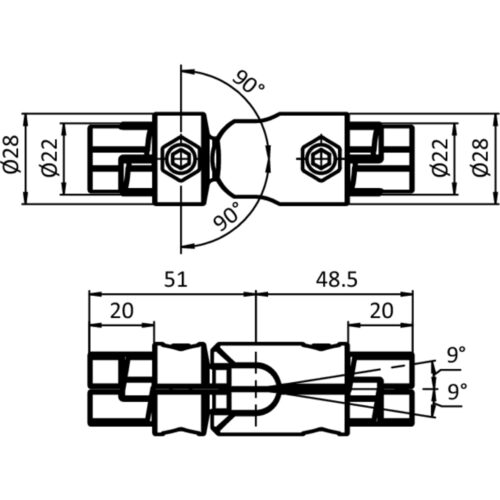 Innenliegender Kugel-Stoßverbinder D28 (Set)